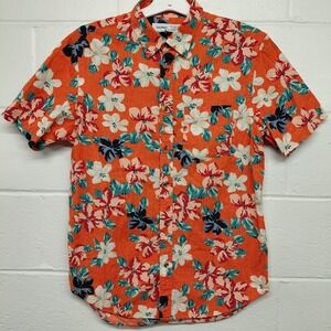Old Navy Orange Hibiscus Button Up Shirt Mens MEDIUM Hawaiian Tropical Resort